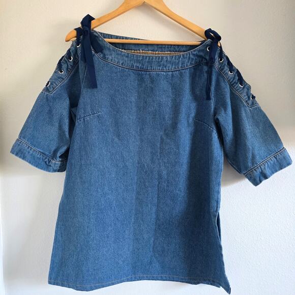 Anthropologie Maeve Denim Mini Dress Tunic Size M Shoulder Tie Boho Cottage - Picture 2 of 9